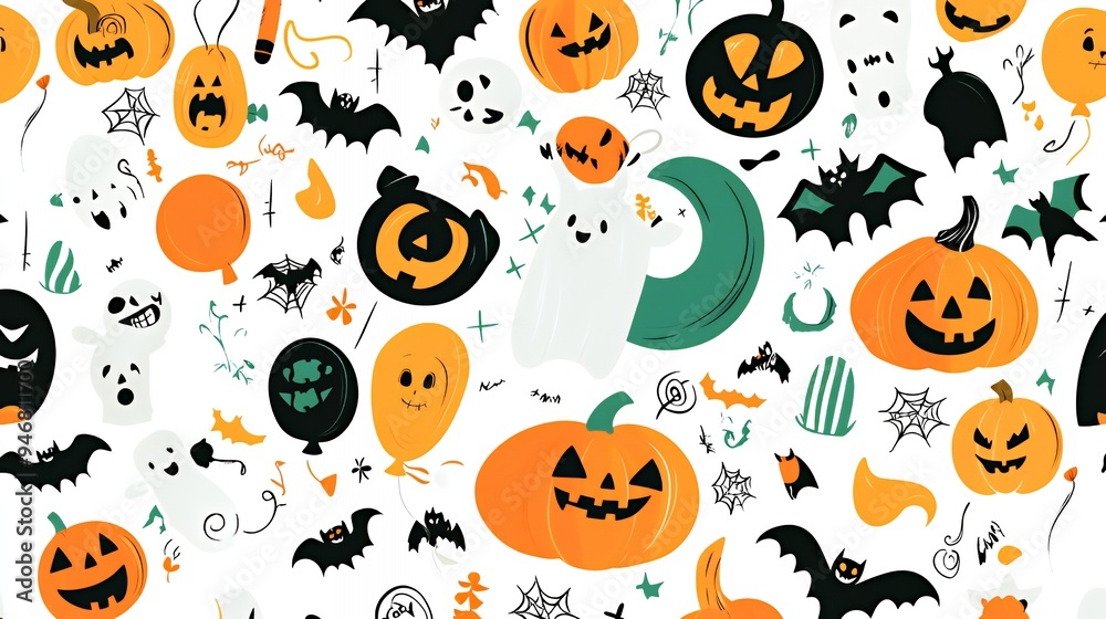 A festive Halloween-themed illustration featuring pumpkins, ghosts, bats, and spider webs. A festive Halloween-themed illustration featuring pumpkins, ghosts, bats, and spider webs.