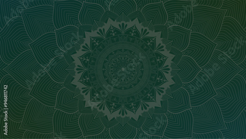 Round mandala on dreamy peach fuzz gradient background. Translucent mesh pattern in the form of a mandala. Mandala with floral patterns. Gradient