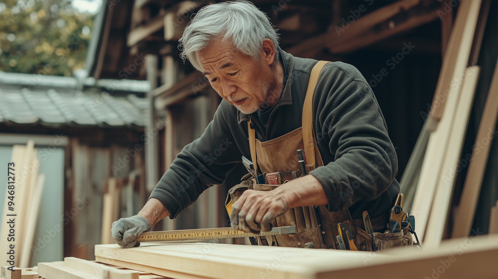 木材を加工する大工 木材を加工する大工