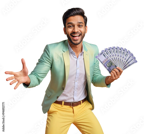 Obraz na płótnie Excited young man in colorful suit holding an Indian rupee money prize, isolated background w salonie
