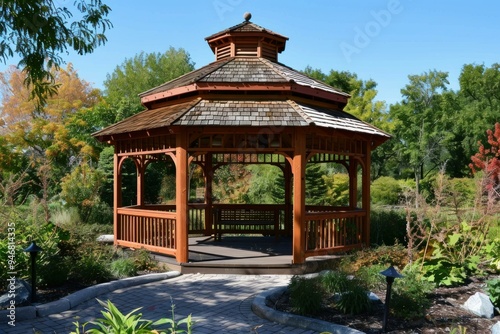 Beautiful wooden gazebo provides a focal point in a peaceful garden setting