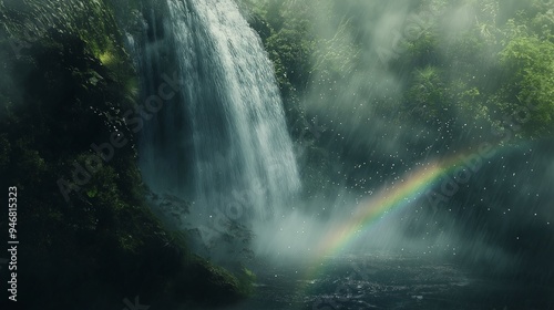 Waterfall closeup with rainbow through the water droplets