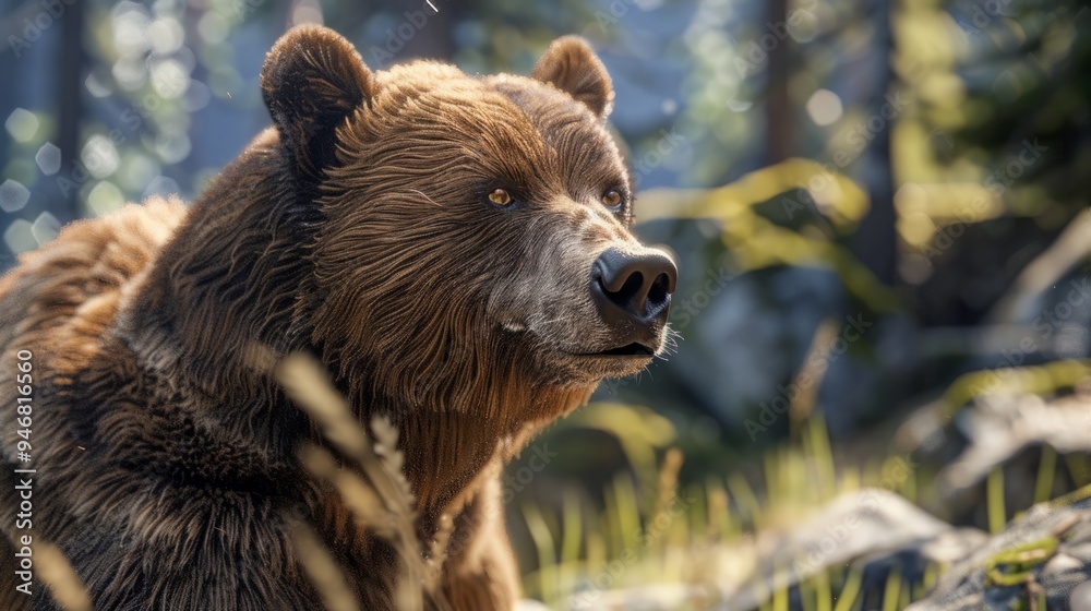 Obraz premium Bear close-up with a natural landscape generative ai