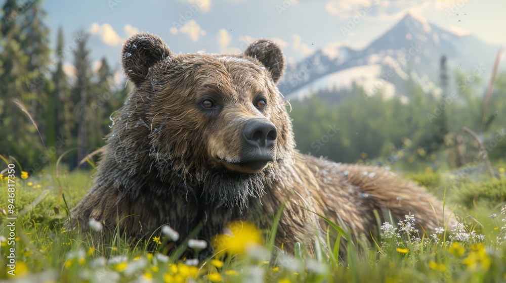 Bear close-up with a natural landscape generative ai Bear close-up with a natural landscape generative ai