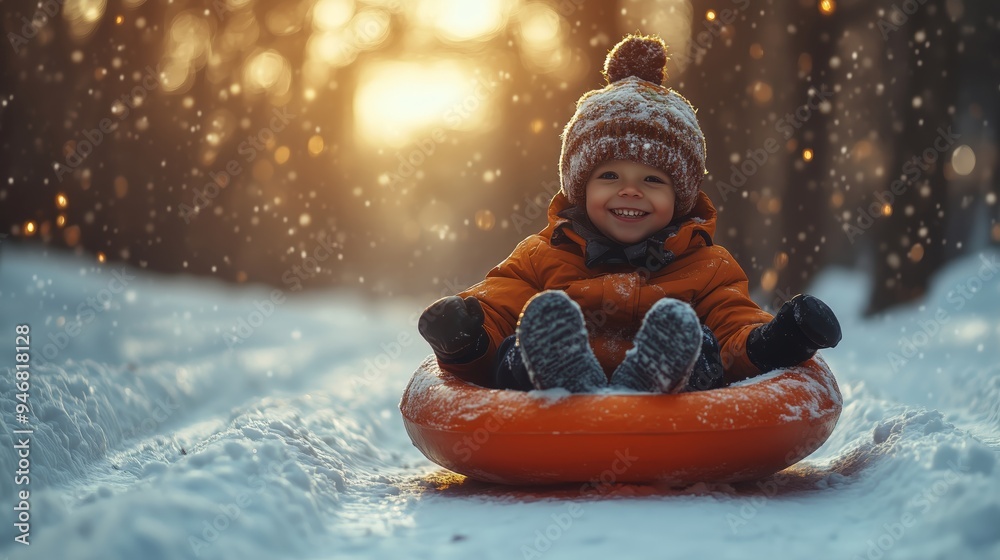 A child who enjoys spending a winter day sledding down a hill. A child who enjoys spending a winter day sledding down a hill.