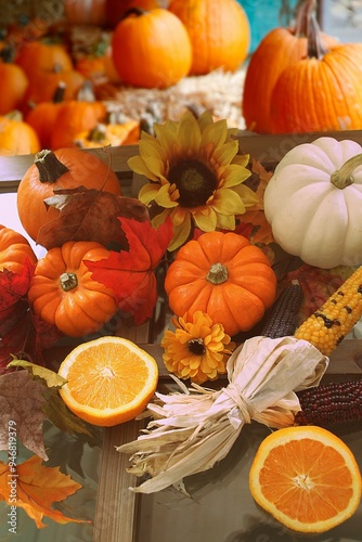 pumpkins and autumn leaves