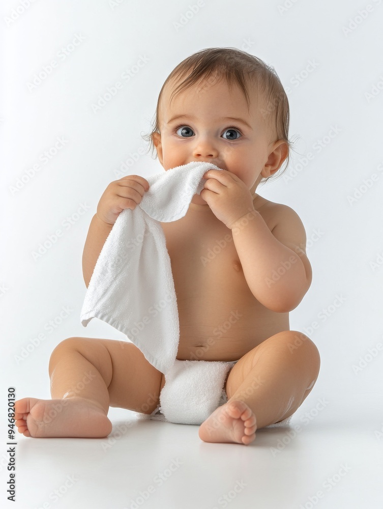 A fair and beautiful baby sits on a white ground with a clean background, holding a wet towel in her hand and placing it on her mouth A fair and beautiful baby sits on a white ground with a clean background, holding a wet towel in her hand and placing it on her mouth
