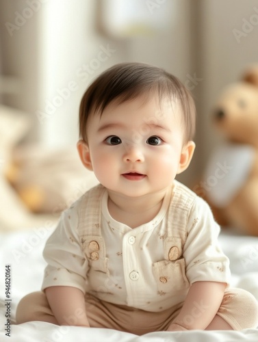 A lovely China baby sits on the ground, highlighting his face close-up.