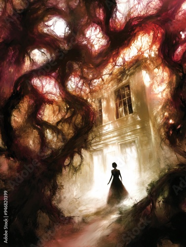 Eerie Victorian Mansion:  A ghostly figure in a flowing dress stands before an old, ominous Victorian mansion, enveloped by a swirling, crimson-hued tree. The scene evokes a sense of mystery, forebodi photo