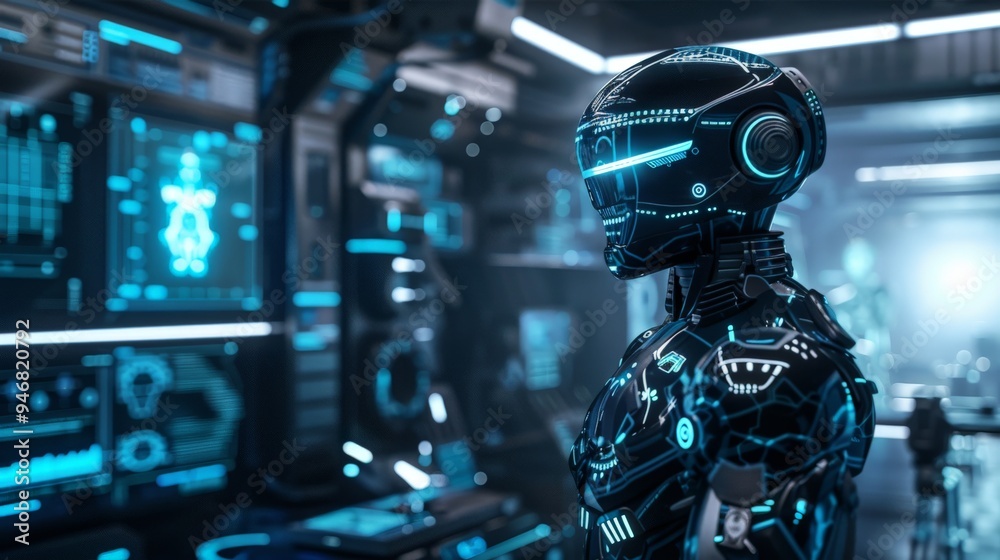 The humanoid robot observes digital displays in a darkened lab, showcasing blue holographic interfaces and futuristic technology The humanoid robot observes digital displays in a darkened lab, showcasing blue holographic interfaces and futuristic technology