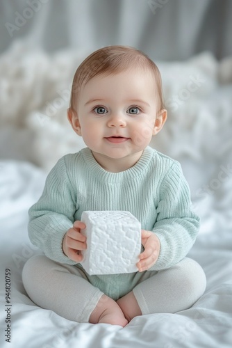 baby girl 6 months old with a big cube in her hands, isolated on white background