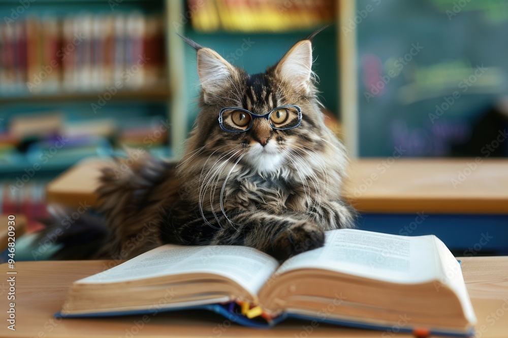 Cute black kitten in a classroom, wearing glasses and smiling, with an open book on the desk.. Cute black kitten in a classroom, wearing glasses and smiling, with an open book on the desk..