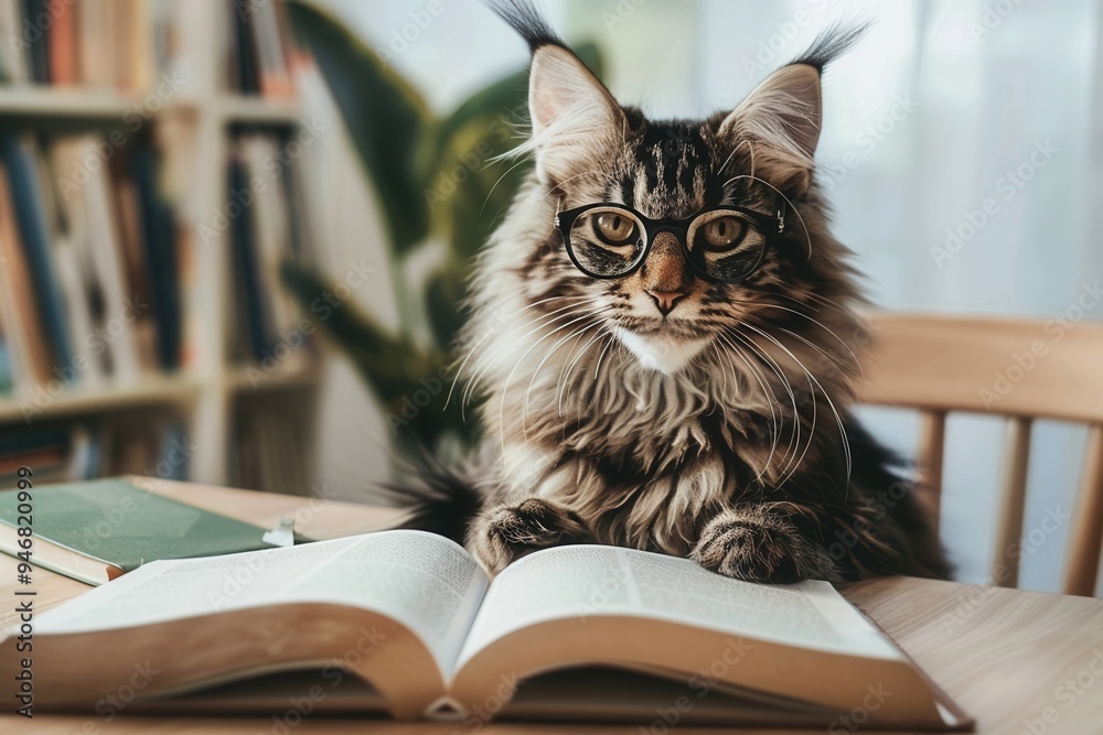Cute Main Coon kitten wearing glasses and smiling, while sitting at a desk with an open book in a classroom. Cute Main Coon kitten wearing glasses and smiling, while sitting at a desk with an open book in a classroom.