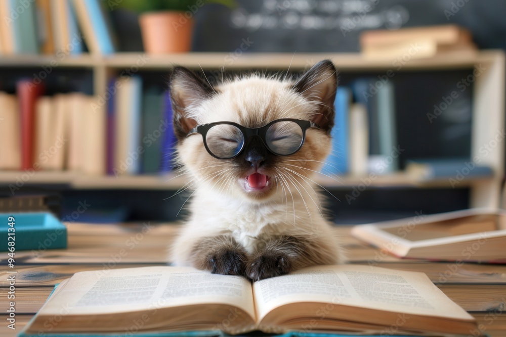 Smiling Siamese kitten wearing glasses, sitting at a school desk with an open book in a classroom.. Smiling Siamese kitten wearing glasses, sitting at a school desk with an open book in a classroom..