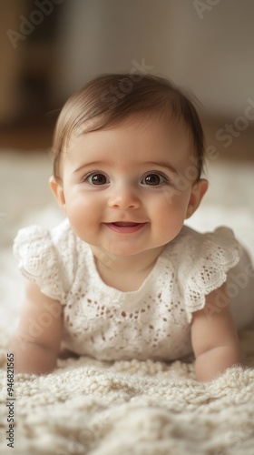 Wallpaper Mural cute 3 month baby girl with little brown hair and brown eyes on her hands and knees smiling, shallow depth of field, isolated on white background Torontodigital.ca