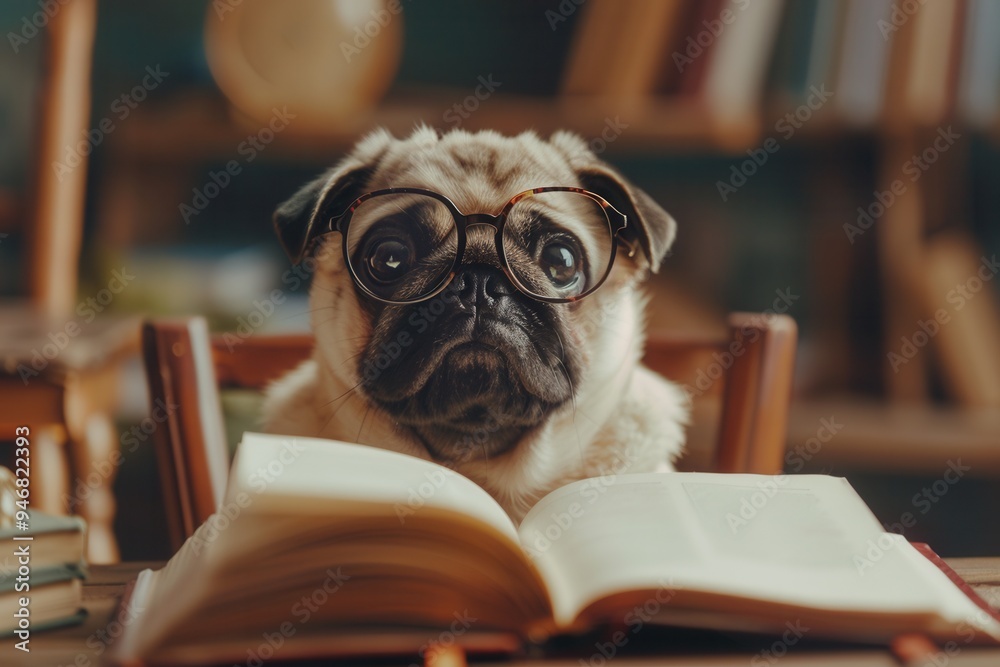 Cute pug puppy dog wearing glasses and smiling, while sitting at a desk with an open book in a classroom. Cute pug puppy dog wearing glasses and smiling, while sitting at a desk with an open book in a classroom.