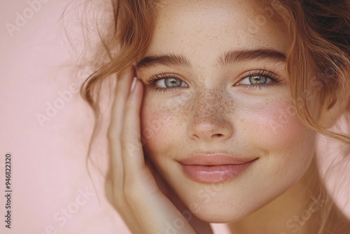 Skincare and beauty portrait. A Caucasian woman with beautiful face touching healthy facial skin. Young adult smiling girl model with natural makeup touching glowing hydrated skin, pink background. 