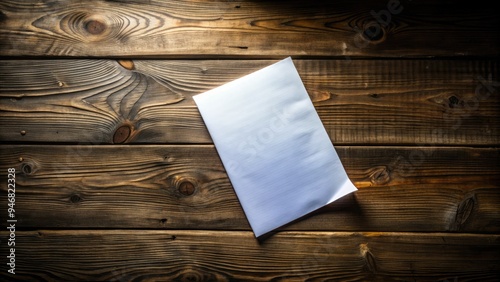 A blank sheet of white paper lies isolated on a weathered wooden table, surrounded by hints of darkness, awaiting creative inspiration or written expression.