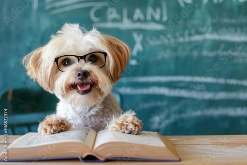Cute maltese puppy dog wearing glasses and smiling, while sitting at a desk with an open book in a classroom.