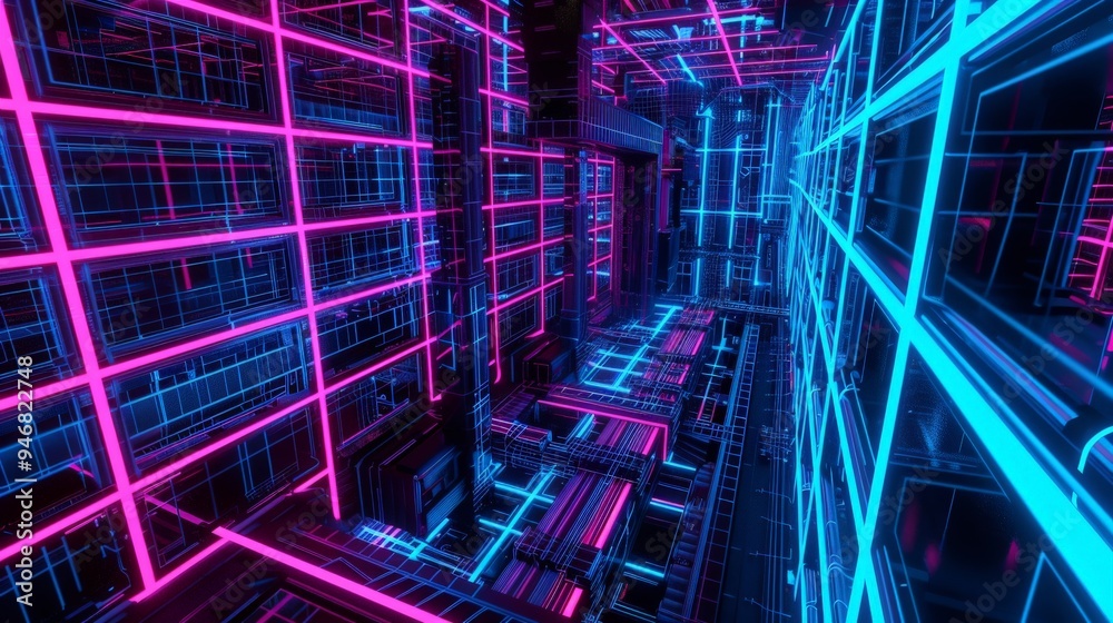 A dazzling digital space filled with intricate neon grids, creating a vibrant atmosphere and futuristic vibe A dazzling digital space filled with intricate neon grids, creating a vibrant atmosphere and futuristic vibe