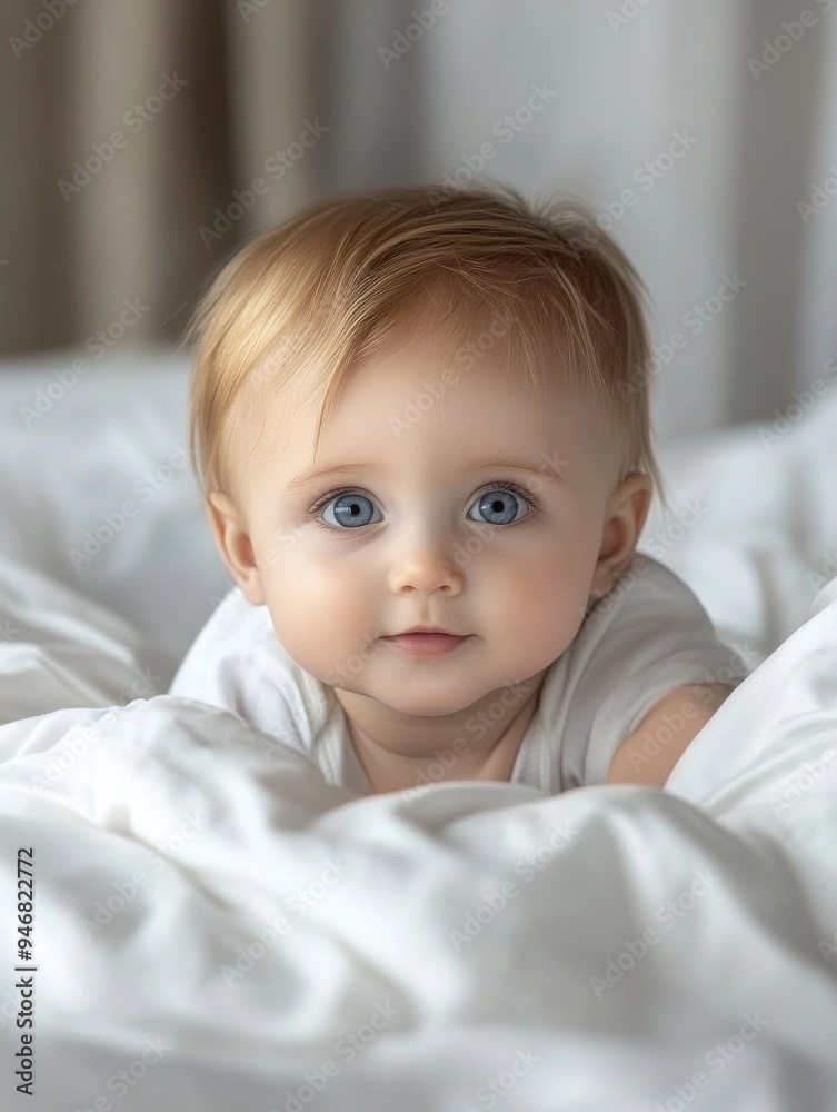 White sheets, cute baby, looking at the camera, isolated on white background White sheets, cute baby, looking at the camera, isolated on white background
