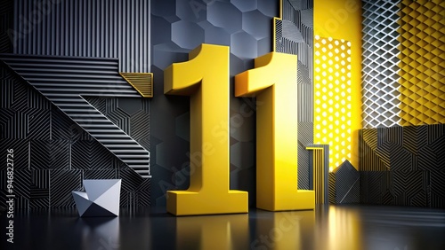 A bold, bright yellow numeral 11 stands out against a sleek, modern black background, surrounded by subtle abstract shapes and geometric patterns. photo