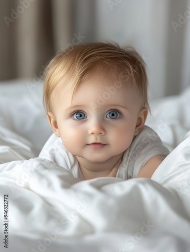 White sheets, cute baby, looking at the camera, isolated on white background