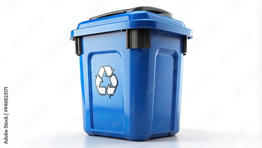 A bright blue trash bin with a white lid and bold black outline, symbolizing waste management and recycling, isolated on a clean white background. A bright blue trash bin with a white lid and bold black outline, symbolizing waste management and recycling, isolated on a clean white background.