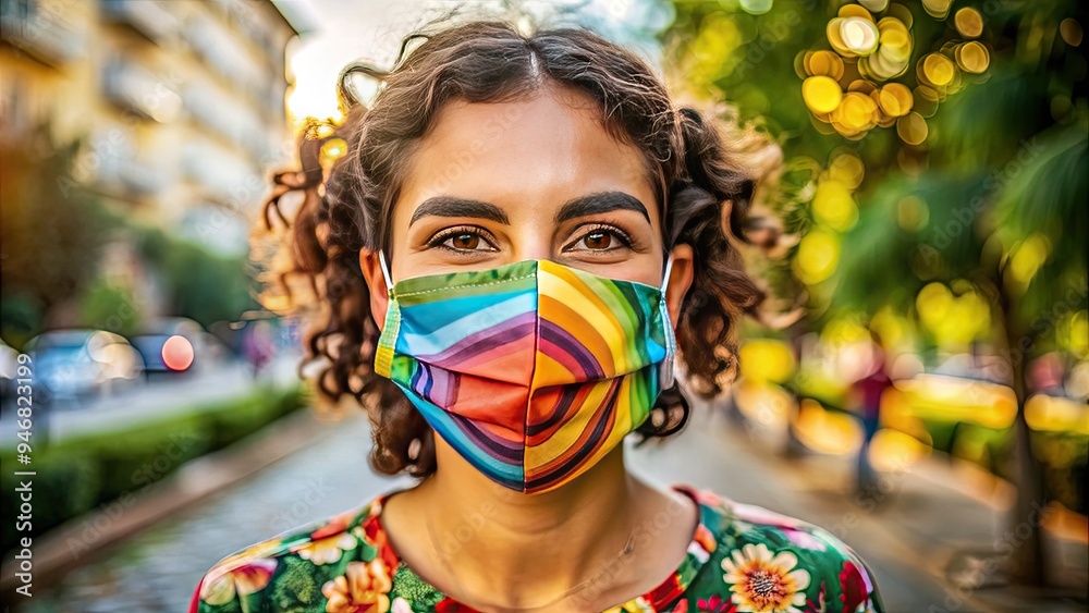 A bright-eyed individual beams with joy, wearing a colorful protective face mask, exuding confidence and positivity amidst a vibrant, sun-kissed outdoor atmosphere. A bright-eyed individual beams with joy, wearing a colorful protective face mask, exuding confidence and positivity amidst a vibrant, sun-kissed outdoor atmosphere.