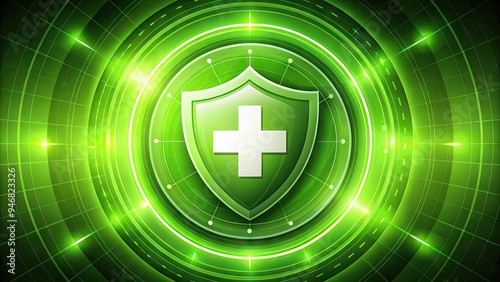 A bright green shield with a white medical cross symbol inside, surrounded by a circle, conveying protection, healthcare, and safety in a modern digital style. photo