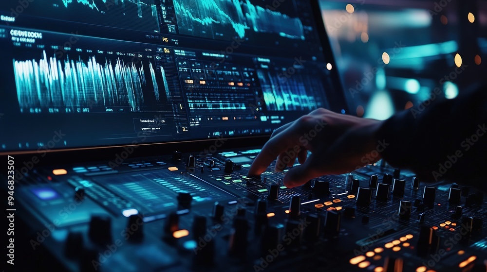 A DJ booth at a live event, featuring a large mixing console, DJ controllers, and multiple screens displaying visual effects A DJ booth at a live event, featuring a large mixing console, DJ controllers, and multiple screens displaying visual effects