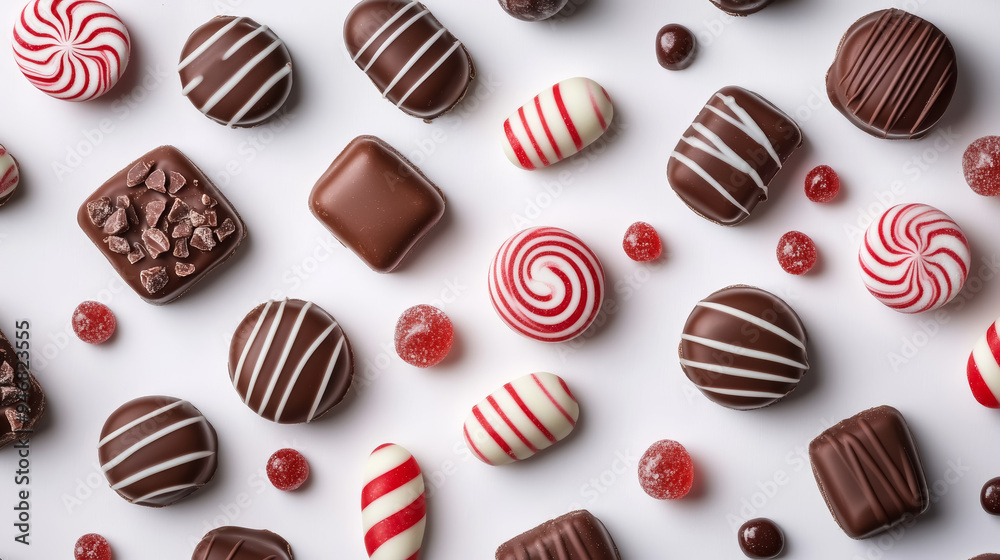 assorted gourmet chocolates and peppermint candies on white background assorted gourmet chocolates and peppermint candies on white background