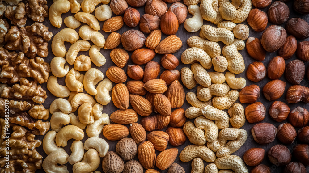 variety of raw nuts arranged in rows for healthy eating concept variety of raw nuts arranged in rows for healthy eating concept