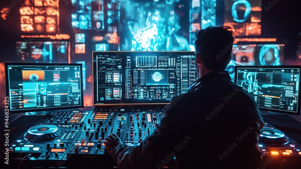 A DJ booth at a live event, featuring a large mixing console, DJ controllers, and multiple screens displaying visual effects