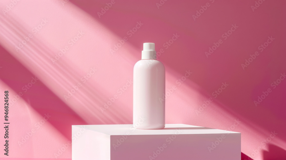 A sleek, white skincare bottle is positioned on a white pedestal, casting soft shadows. The backdrop features a gentle pink hue, creating a calming aesthetic in the light A sleek, white skincare bottle is positioned on a white pedestal, casting soft shadows. The backdrop features a gentle pink hue, creating a calming aesthetic in the light