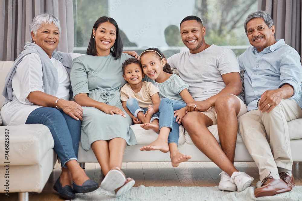 Portrait, big family and happy parents with kids for love, care and siblings bonding together. Grandparents mother and father with children on sofa for support, connection and generations in home Portrait, big family and happy parents with kids for love, care and siblings bonding together. Grandparents mother and father with children on sofa for support, connection and generations in home