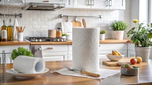 A clean, white kitchen countertop with a crumpled paper towel roll and a few loose sheets, surrounded by subtle kitchen utensils and appliances. photo