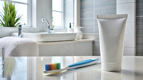 A clean, white toothbrush rests beside a vibrant tube of dental paste on a sleek, modern bathroom counter, evoking a sense of oral hygiene and freshness. photo