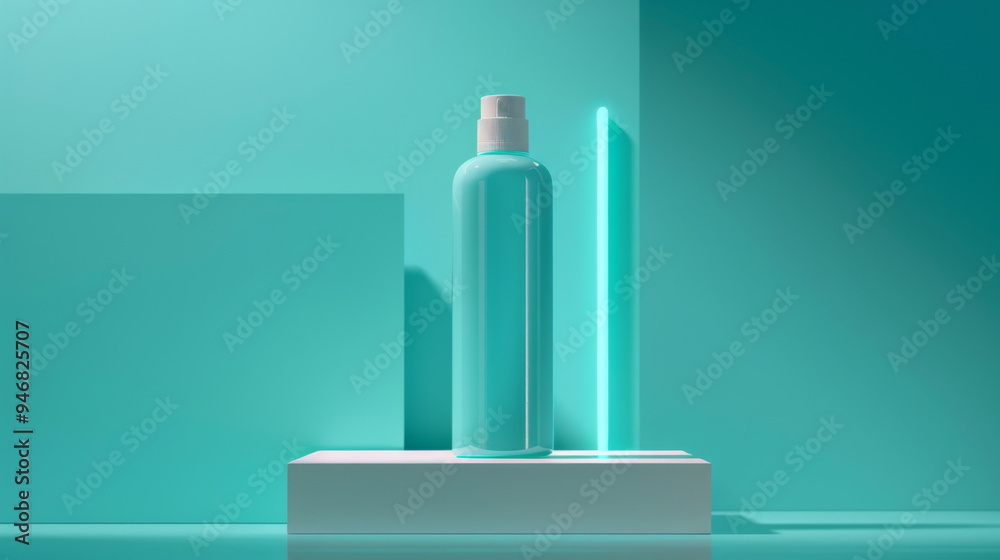 A turquoise bottle stands upright on a white pedestal, surrounded by a striking teal background. Soft lighting highlights the simplicity and elegance of the arrangement A turquoise bottle stands upright on a white pedestal, surrounded by a striking teal background. Soft lighting highlights the simplicity and elegance of the arrangement