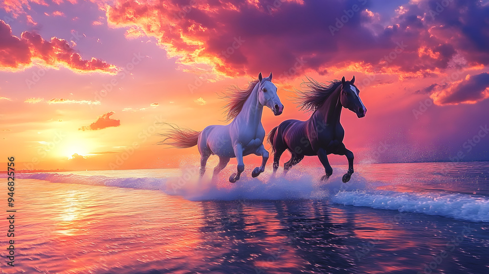 An image of three horses running in the water amidst a beautiful sky and pink clouds. An image of three horses running in the water amidst a beautiful sky and pink clouds.
