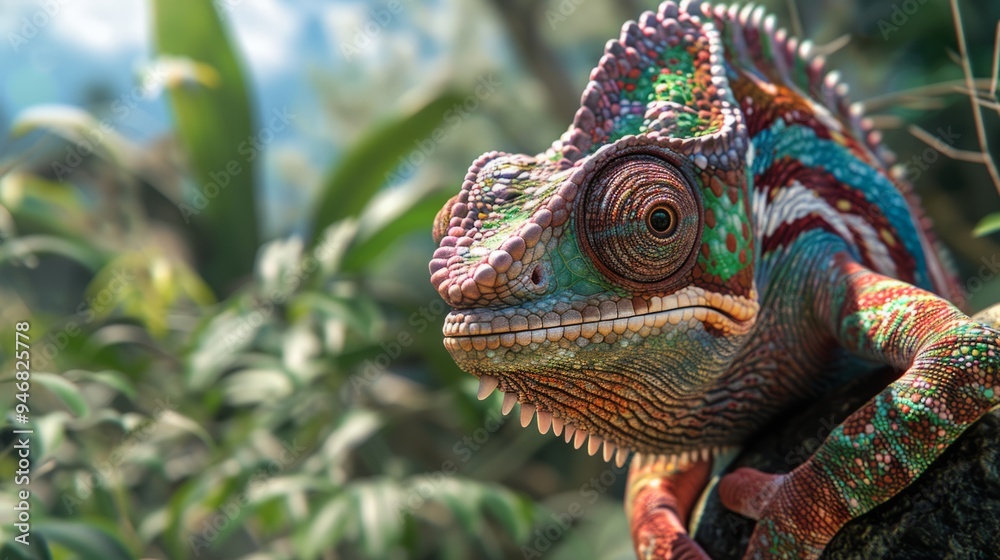 Chameleon in closeup with natural landscape generative ai Chameleon in closeup with natural landscape generative ai