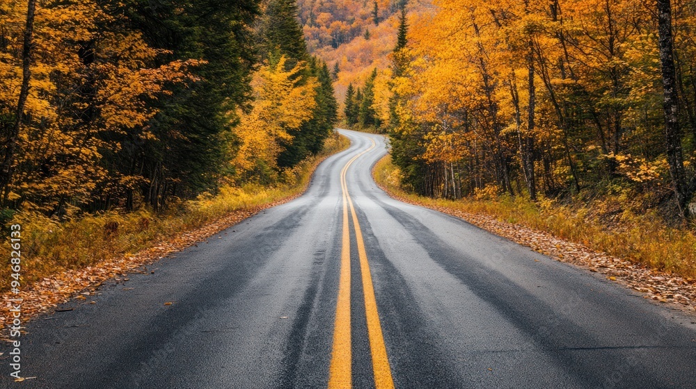 Winding Asphalt Road Through a Forest of Autumn Colors Winding Asphalt Road Through a Forest of Autumn Colors