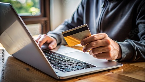 A close-up shot of a stolen credit card being used to make an online purchase on a laptop, highlighting the risk of cybercrime in e-commerce transactions.