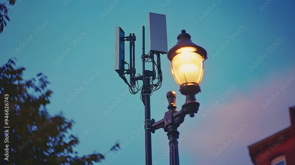 Small 5G antenna on a street light pole Small 5G antenna on a street light pole