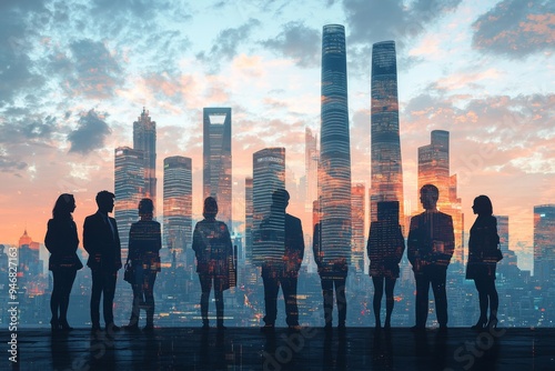 People standing in city skyline double exposure created with Generative AI