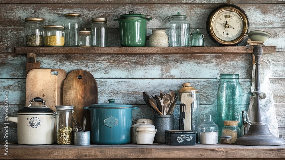 A display of old-fashioned kitchenware, including enamelware pots, vintage scales, and glass jars, set against a rustic backdrop A display of old-fashioned kitchenware, including enamelware pots, vintage scales, and glass jars, set against a rustic backdrop
