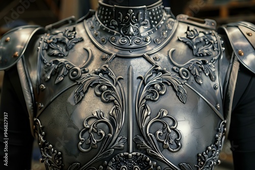 Close up of an elaborate suit of plate armor showing the intricate metalwork and craftsmanship of the piece photo