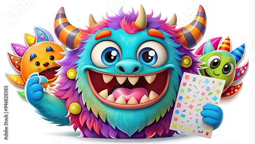 A colorful, playful monster with fur, horns, and big eyes holds a sheet of fun, humorous stickers featuring its own face and other silly designs. photo