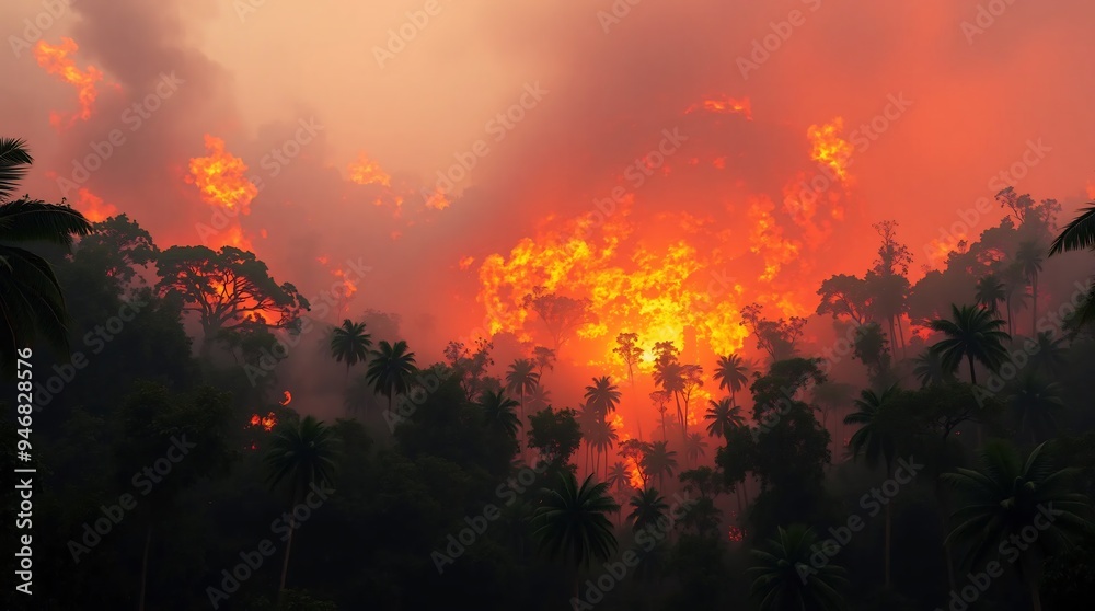 Fototapeta premium A vast forest is consumed by intense flames, with trees and vegetation being swallowed by the fire, resembling the amazon rainforest