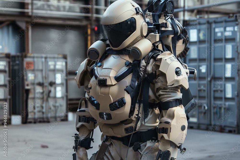 Futuristic soldier wearing a tactical exoskeleton is standing in an industrial area Futuristic soldier wearing a tactical exoskeleton is standing in an industrial area